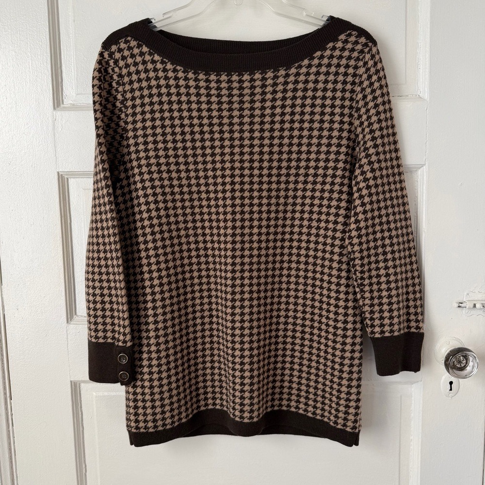 Talbots Merino Wool Brown Houndstooth Sweater‎ Boat Neck Preppy Classic Office M - Picture 7 of 14
